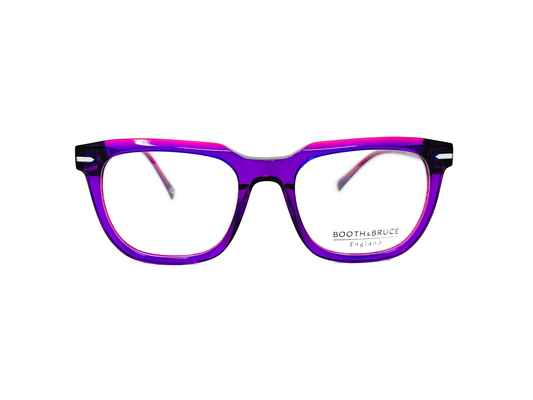 Booth & Bruce square acetate optical frame. Model: BB2201. Color: Stole the Show - Neon purple with pink tint on edges. Front view. 