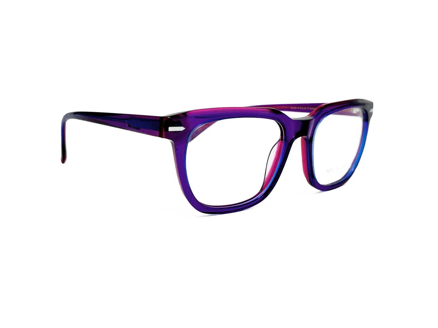 Booth & Bruce square acetate optical frame. Model: BB2201. Color: Stole the Show - Neon purple with pink tint on edges. Side view.