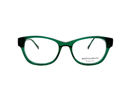 Booth and Bruce rounded-rectangular, acetate optical frame. Model: BB2203. Color: Jade - Semi-transparent forest green. Front view. 