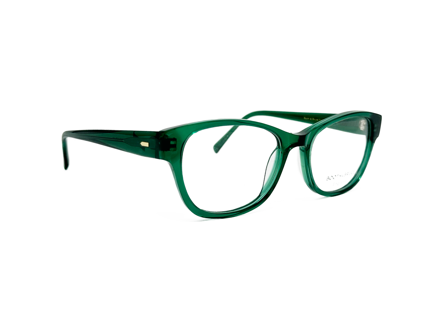Booth and Bruce rounded-rectangular, acetate optical frame. Model: BB2203. Color: Jade - Semi-transparent forest green. Side view.