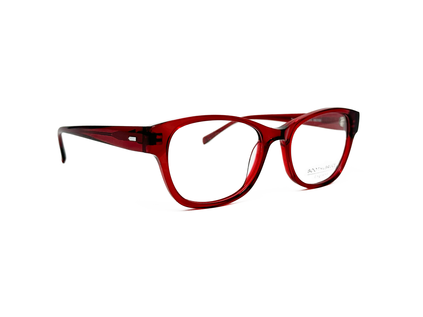 Booth & Bruce upswept, rectangular, acetate optical glasses with rounded lenses. Model: BB2203. Color: Merlot. Side view.