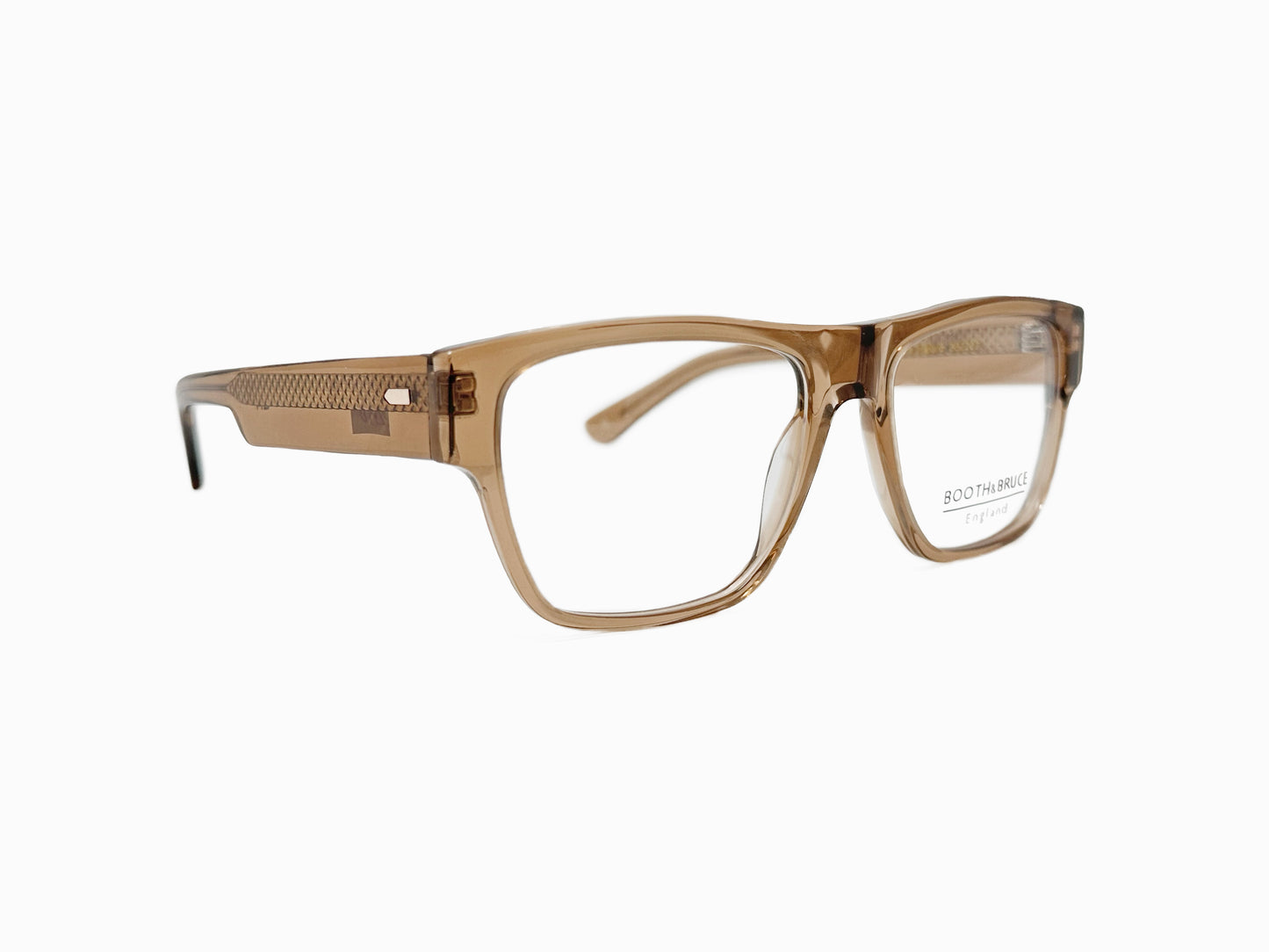 Booth & Bruce rectangular acetate optical frame with raised bridge. Model: BB2207. Color: Marmalade - Semi-transparent brown. Side view.