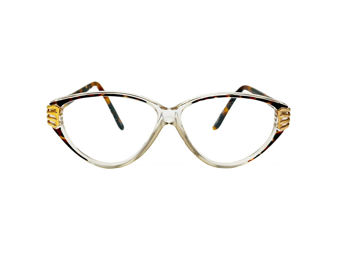 Britalia triangular acetate optical frame with gold metal on corners. Model: Evelyn. Color: C2 - Transparent with tortoise temples. Front view. 