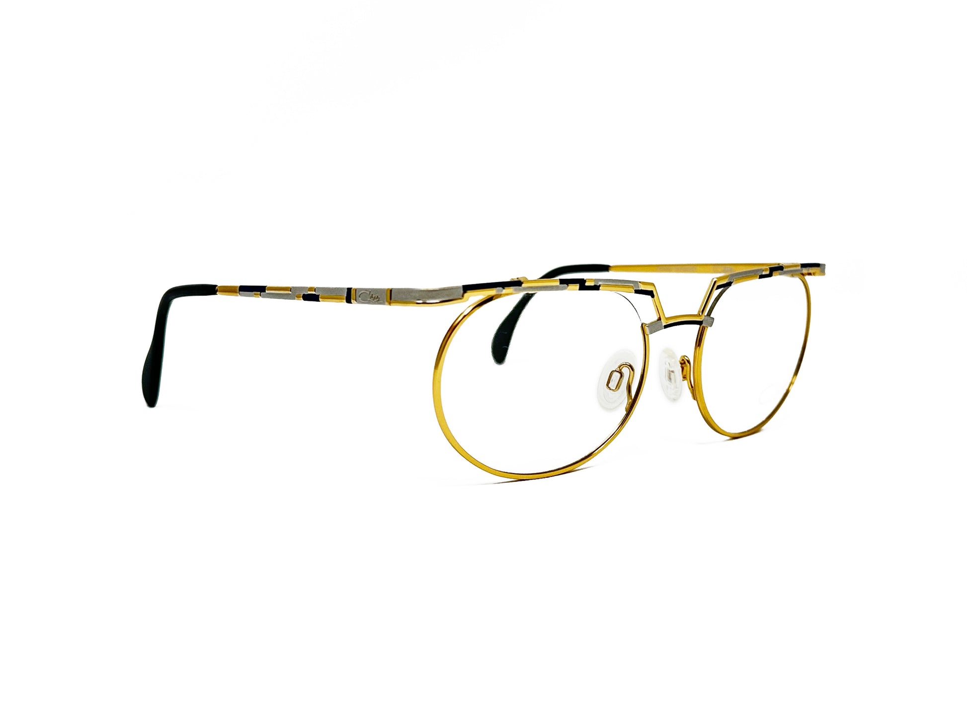 Cazal round, metal optical frame with straight bar across top. Model: 268. Color: 481 Gold. Side view.