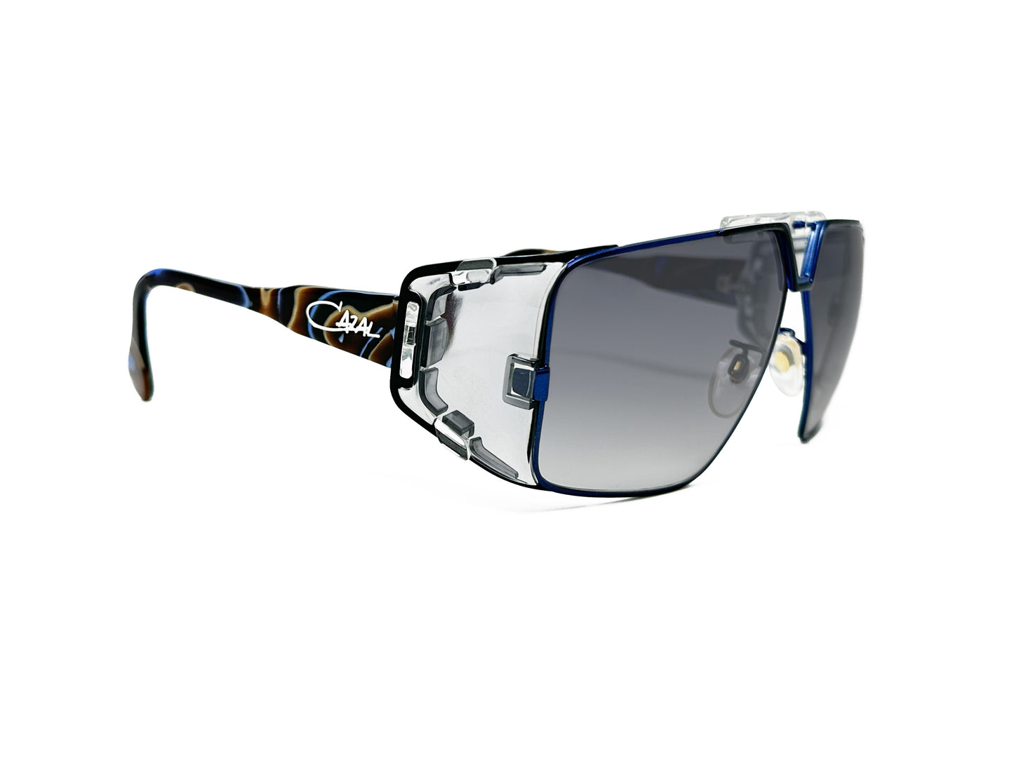 Cazal large, angled-square, metal sunglass. Model: 951 _30th Anniversary Limited Edition. Color: 001 Silver and blue. Side view.