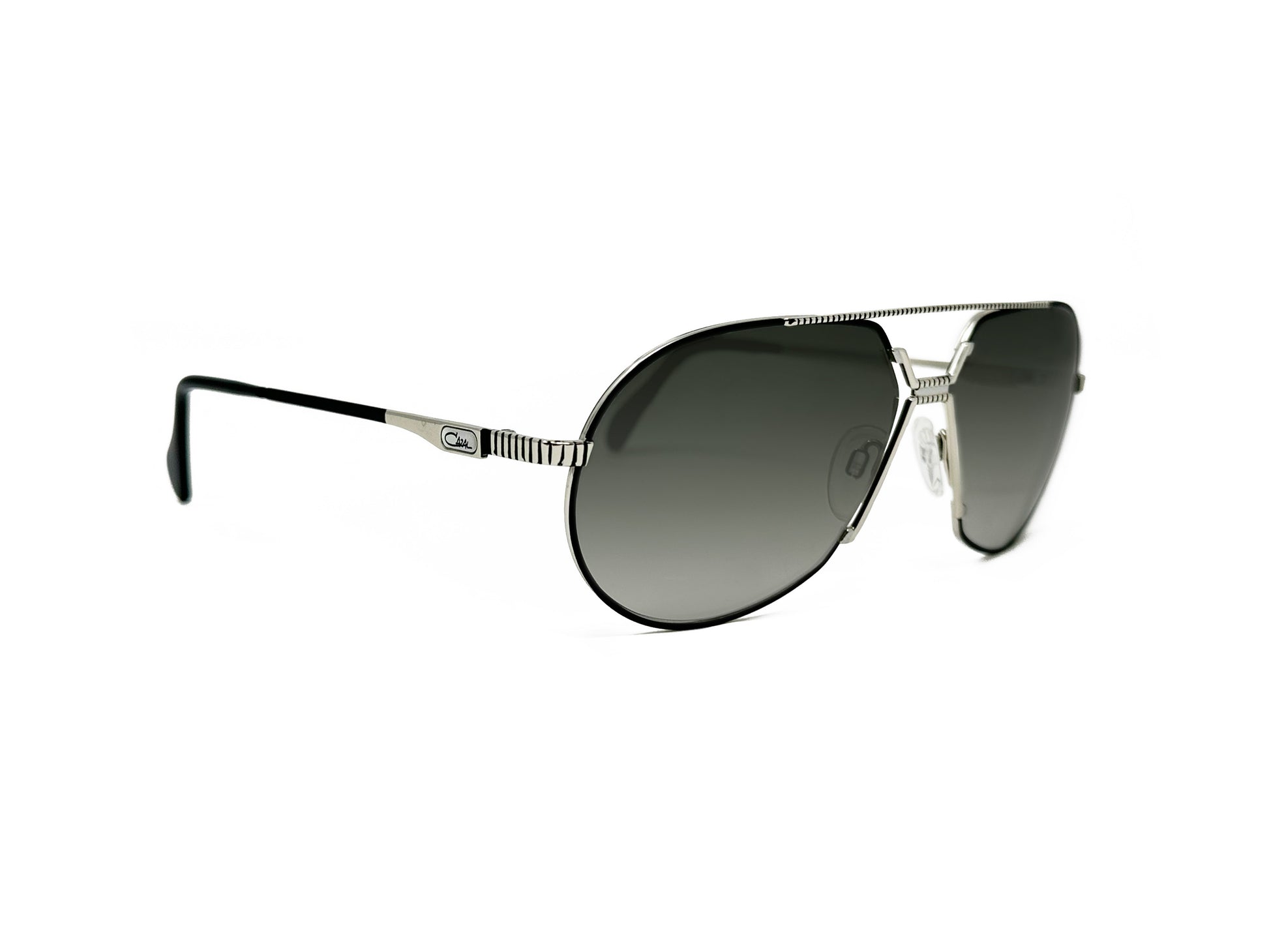 Cazal metal aviator sunglass. Model: 968. Color: 002 Silver with grey-green lenses. Side view.