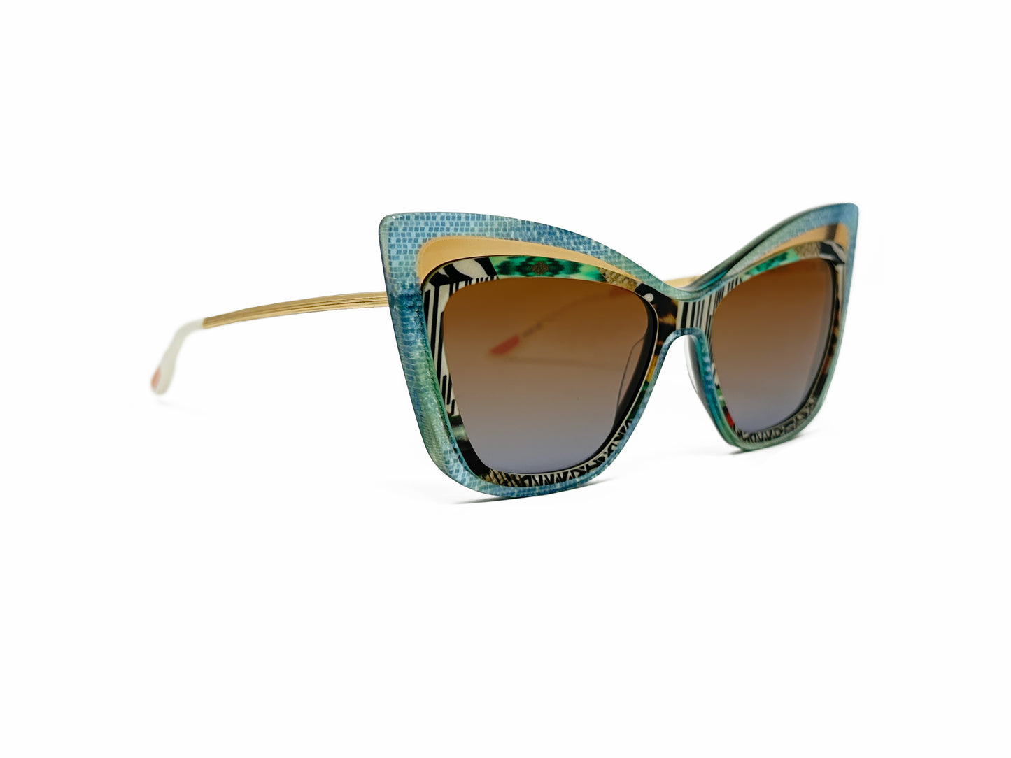 Christian Roth acetate cat-eye sunglasses. Model: Rock 'n Roth. Color: Blu - Blue tile pattern, yellow, and animal print. Side view.