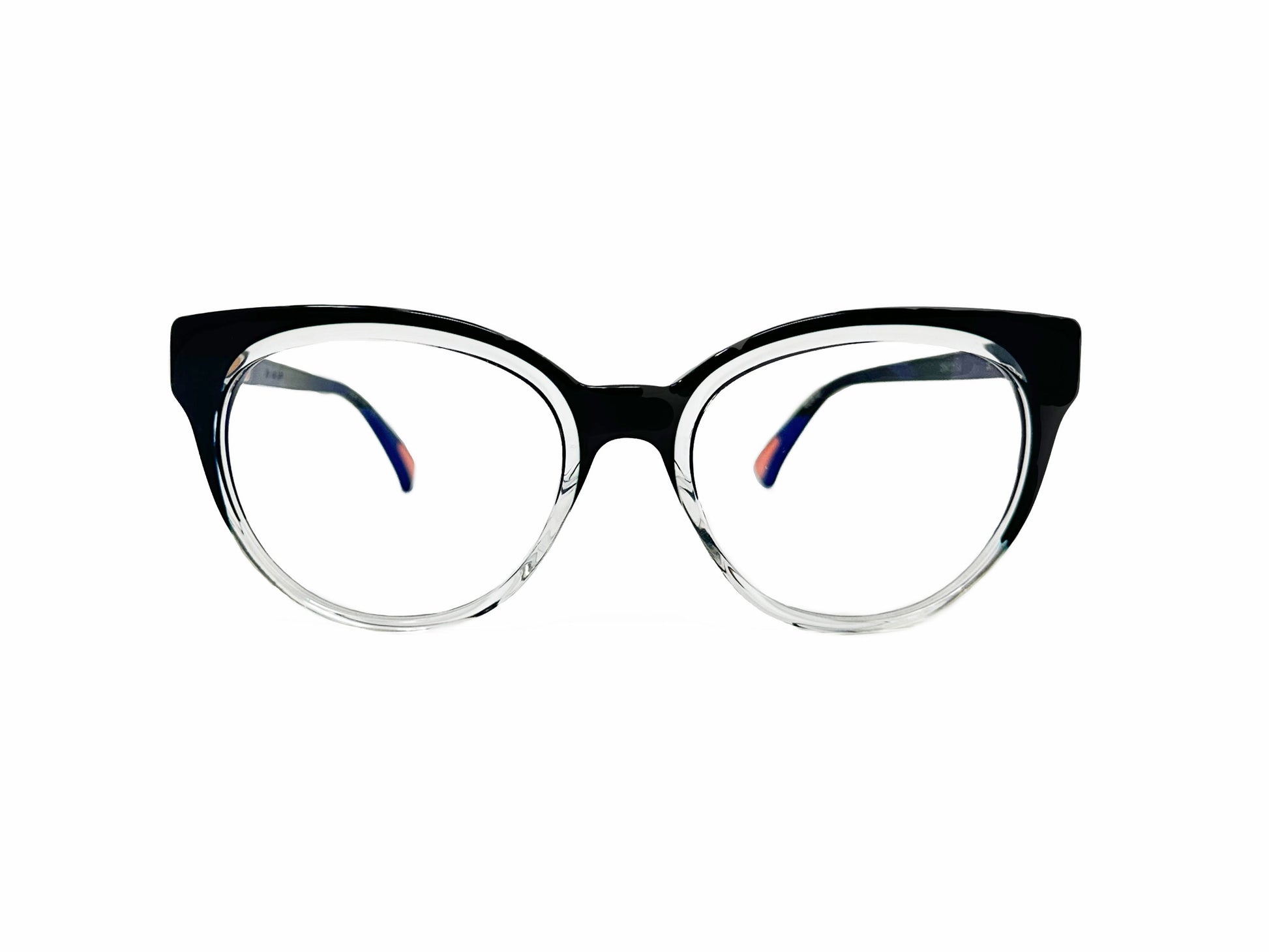 Christian Roth acetate optical frame. Model: CRX-00001 Kiss Me Kate. Color: blk with transparent. Front view.