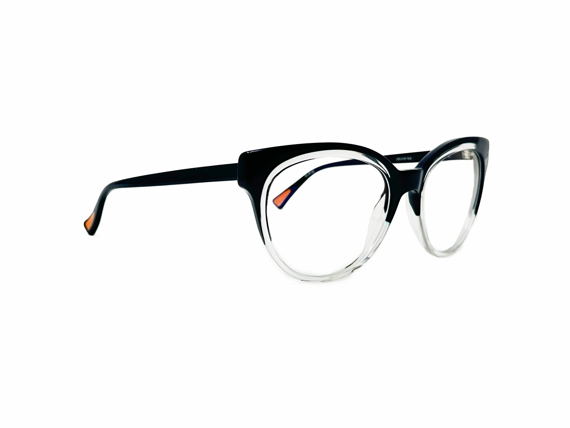 Christian Roth acetate optical frame. Model: CRX-00001 Kiss Me Kate. Color: blk with transparent. Side view.