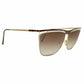 Nino Raw by Classic upward-angled rectangular sunglass. Model: Suntrend 303. Color: Brown - Brown plaid pattern with gold metal trim and brown gradient lenses. Side view.