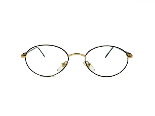 Coast thin, oval, optical frame. Model: 414. Color: Black with gold metal accents. Front view. 