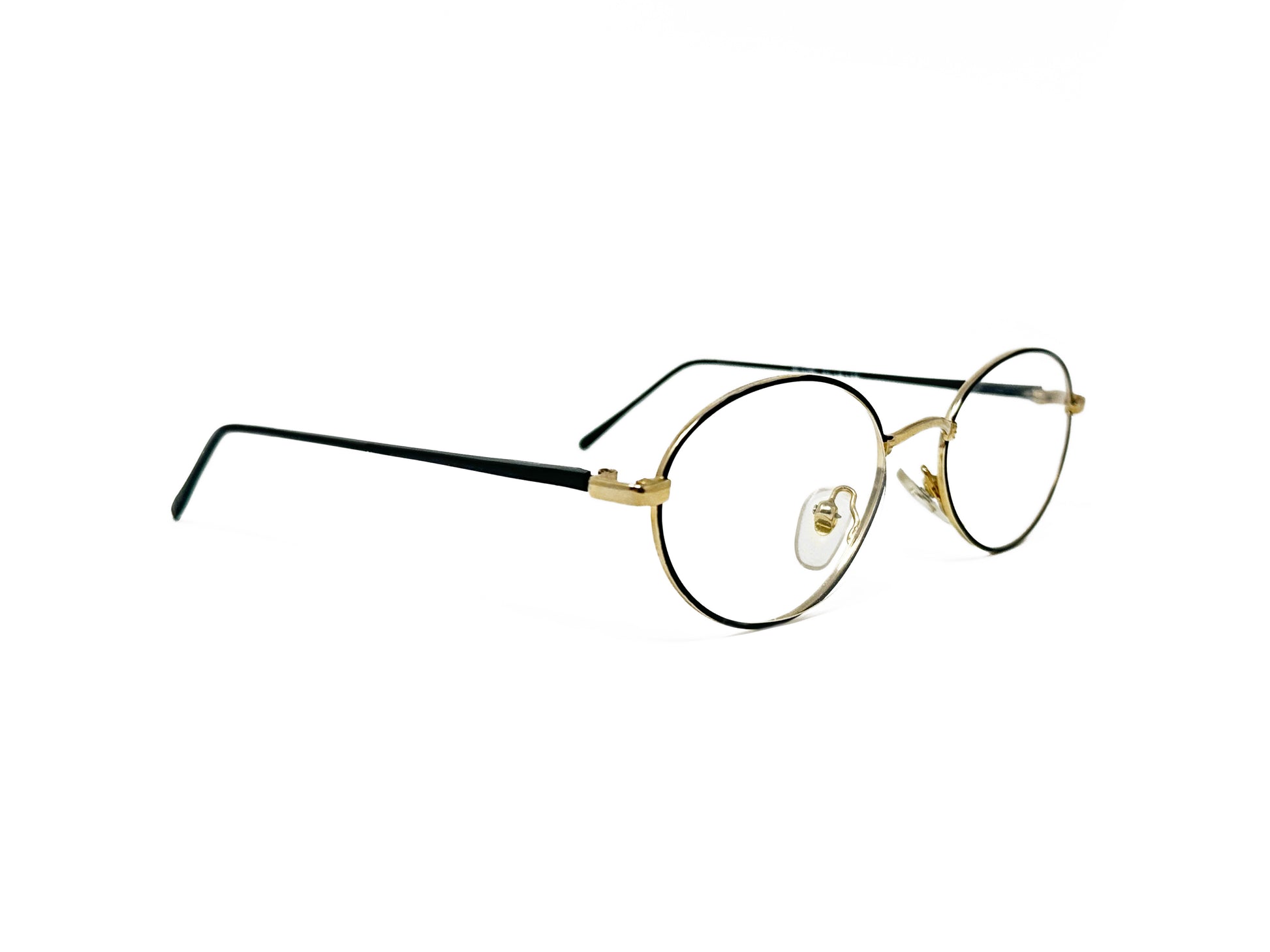 Coast thin, oval, optical frame. Model: 414. Color: Black with gold metal accents. Side view.