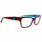 Coco Song upward-angled, rectangular, acetate optical frame. Model: For Last. Color: 4 - Red with gold/black flowers on corners and turquoise gem on temple. Side view.
