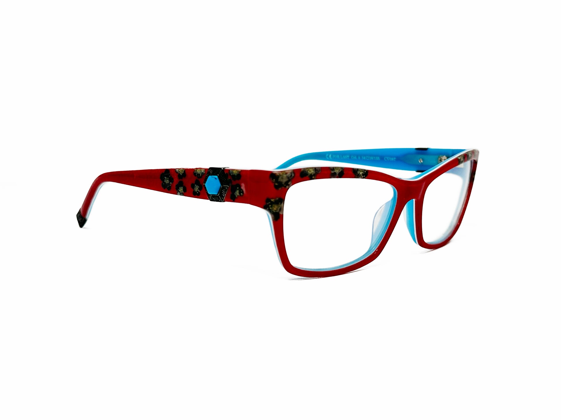 Coco Song upward-angled, rectangular, acetate optical frame. Model: For Last. Color: 4 - Red with gold/black flowers on corners and turquoise gem on temple. Side view.