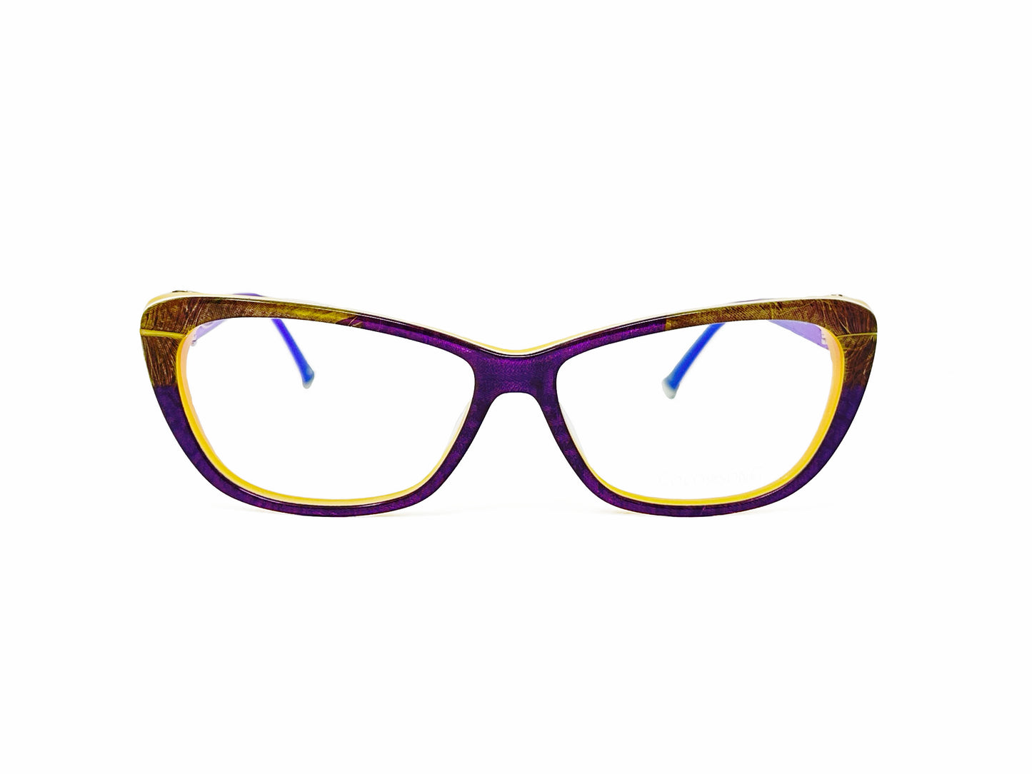 Coco Song rectangular optical frame. Model: CV102 Fire Eye. COlor: 2 Purple with yellow accents. Front view.