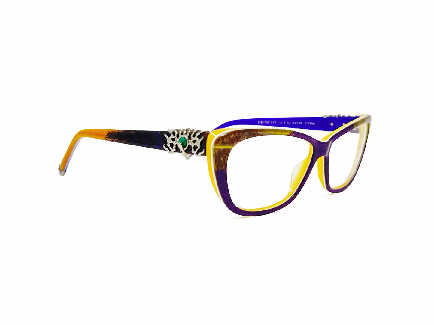 Coco Song rectangular optical frame. Model: CV102 Fire Eye. COlor: 2 Purple with yellow accents. SIde view.