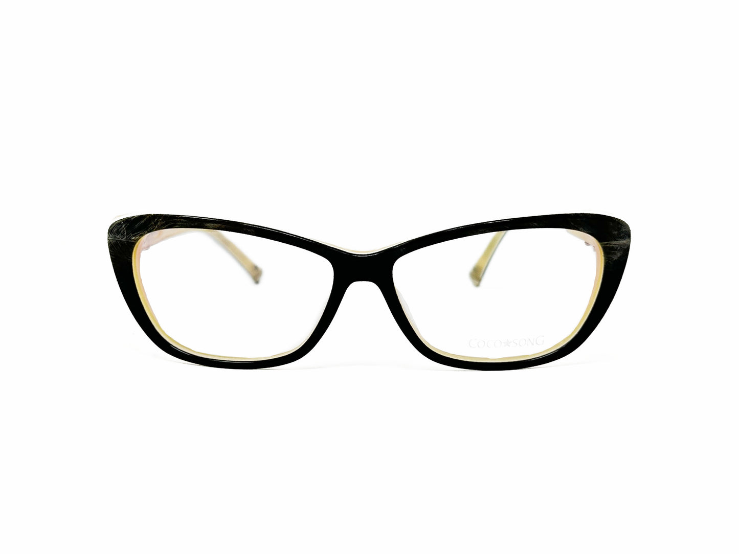 Coco Song rectangular optical frame. Model: CV102 Fire Eye. Color: 4 Black with yellow accents. Front view.