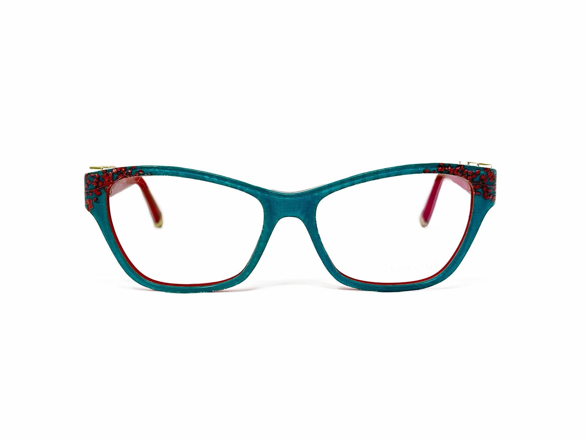 Coco Song optical frame. Model: CV103 Funky Blue. Color: 4 Blue with red accents. Front view.