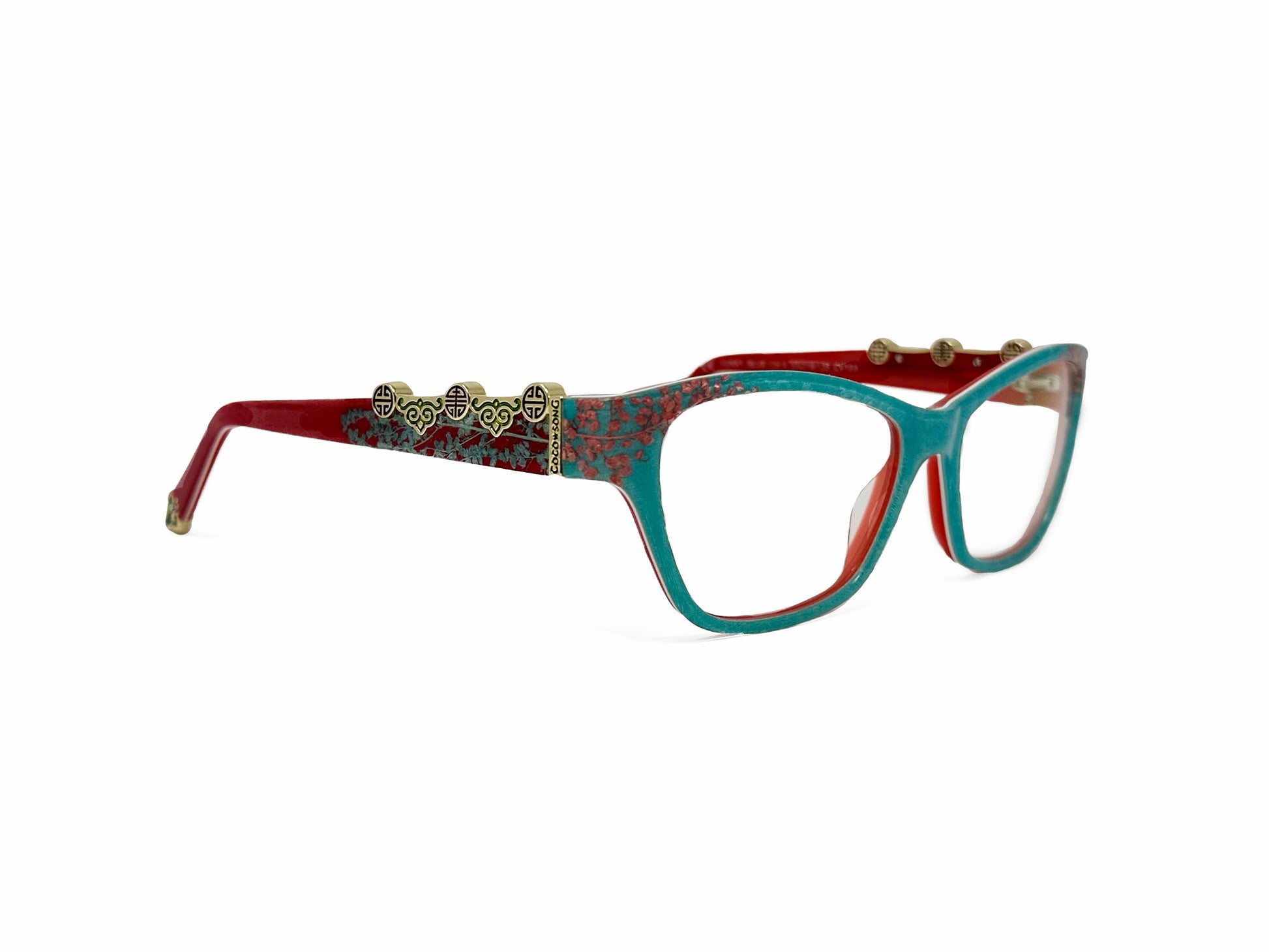 Coco Song optical frame. Model: CV103 Funky Blue. Color: 4 Blue with red accents. Side view.