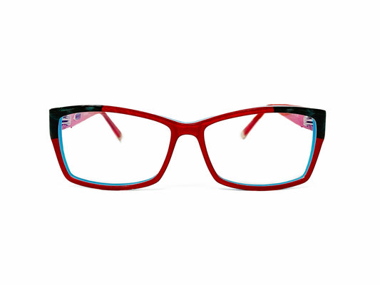 Coco Song rectangular optical frame. Model: CV105 Lonely Mind. Color: 2 red with blue edges. Front view.