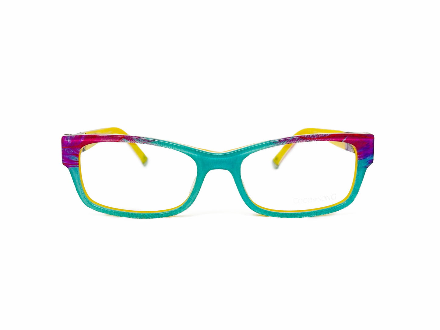 Coco Song optical frame. Model: CV106 Party Dance. Color: 2 teal multicolored. Front view.