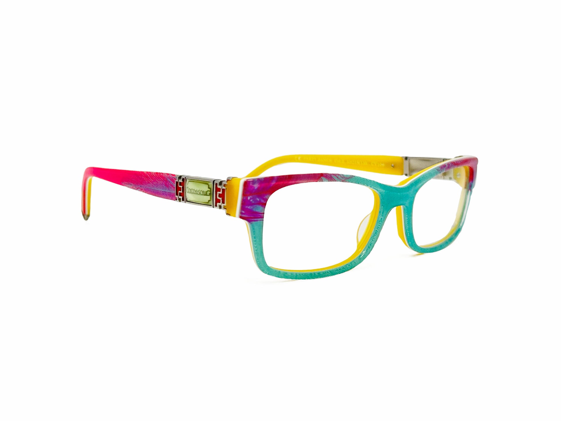 Coco Song optical frame. Model: CV106 Party Dance. Color: 2 teal multicolored. Side view.