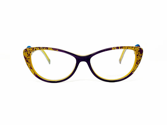 Coco Song optical frame. Model: CV111 Heart Stone. Color: 4 Dark purple with yellow accents. Front view.