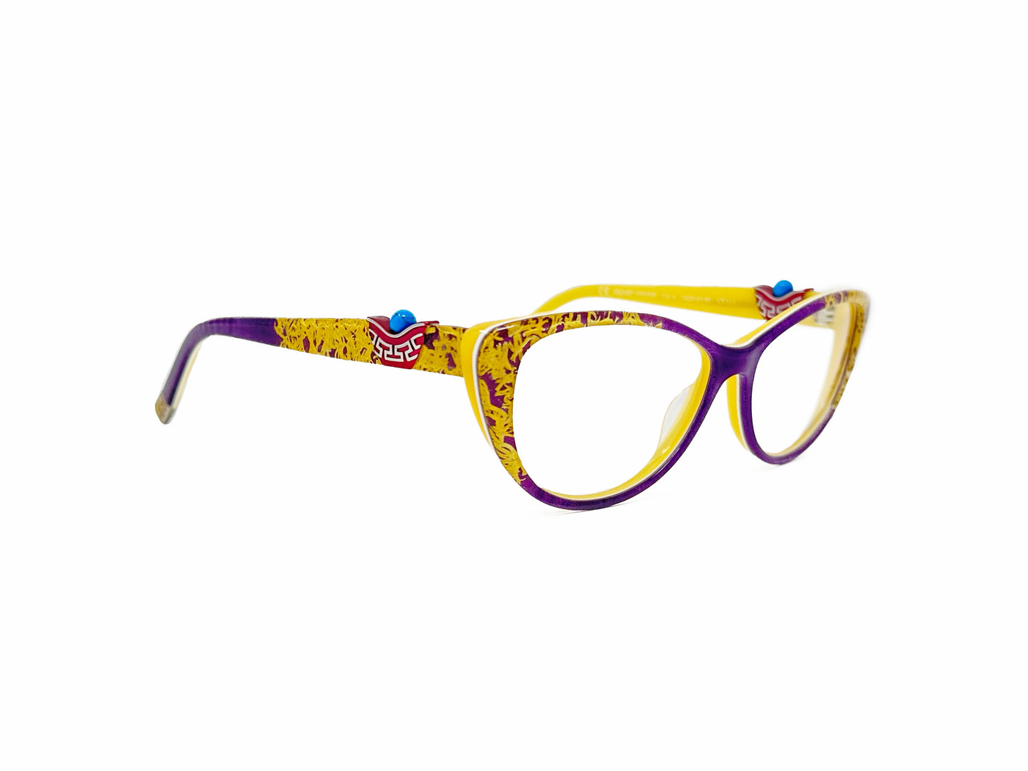 Coco Song optical frame. Model: CV111 Heart Stone. Color: 4 Dark purple with yellow accents. Side view.