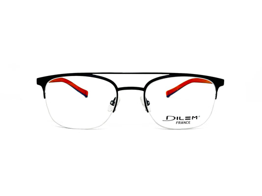 Dilem half-rim optical frame with bar across top. Model: 2MD33. Color: Black with blue/orange temples. Front view. 