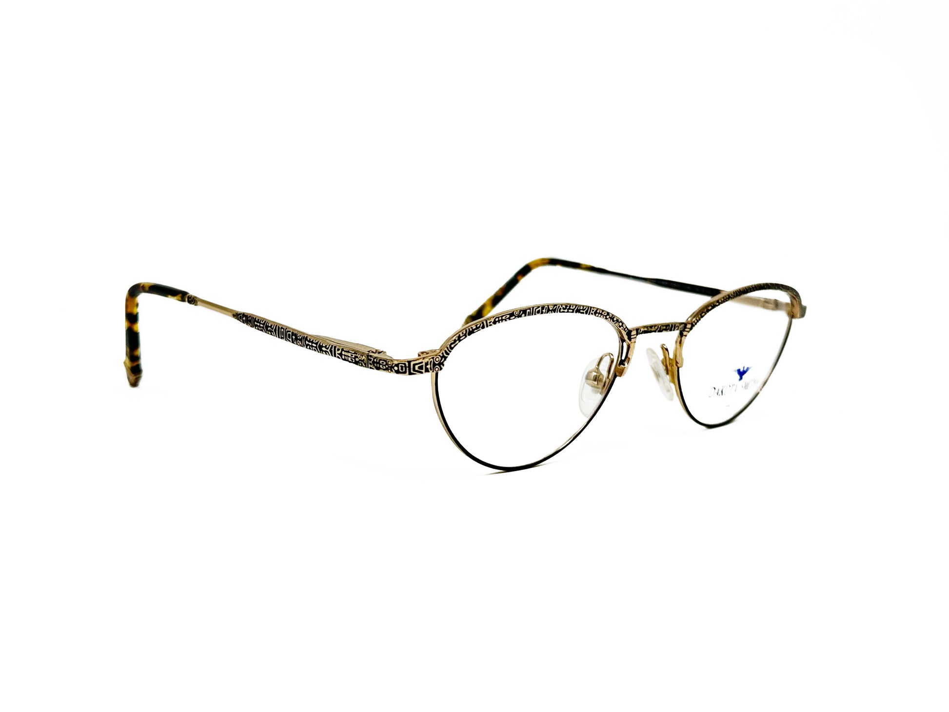 Dakota Smith rounded-triangular, metal, optical frame with etching. Model: 1228n Eskimo. Color: Aged Gold. Side view.