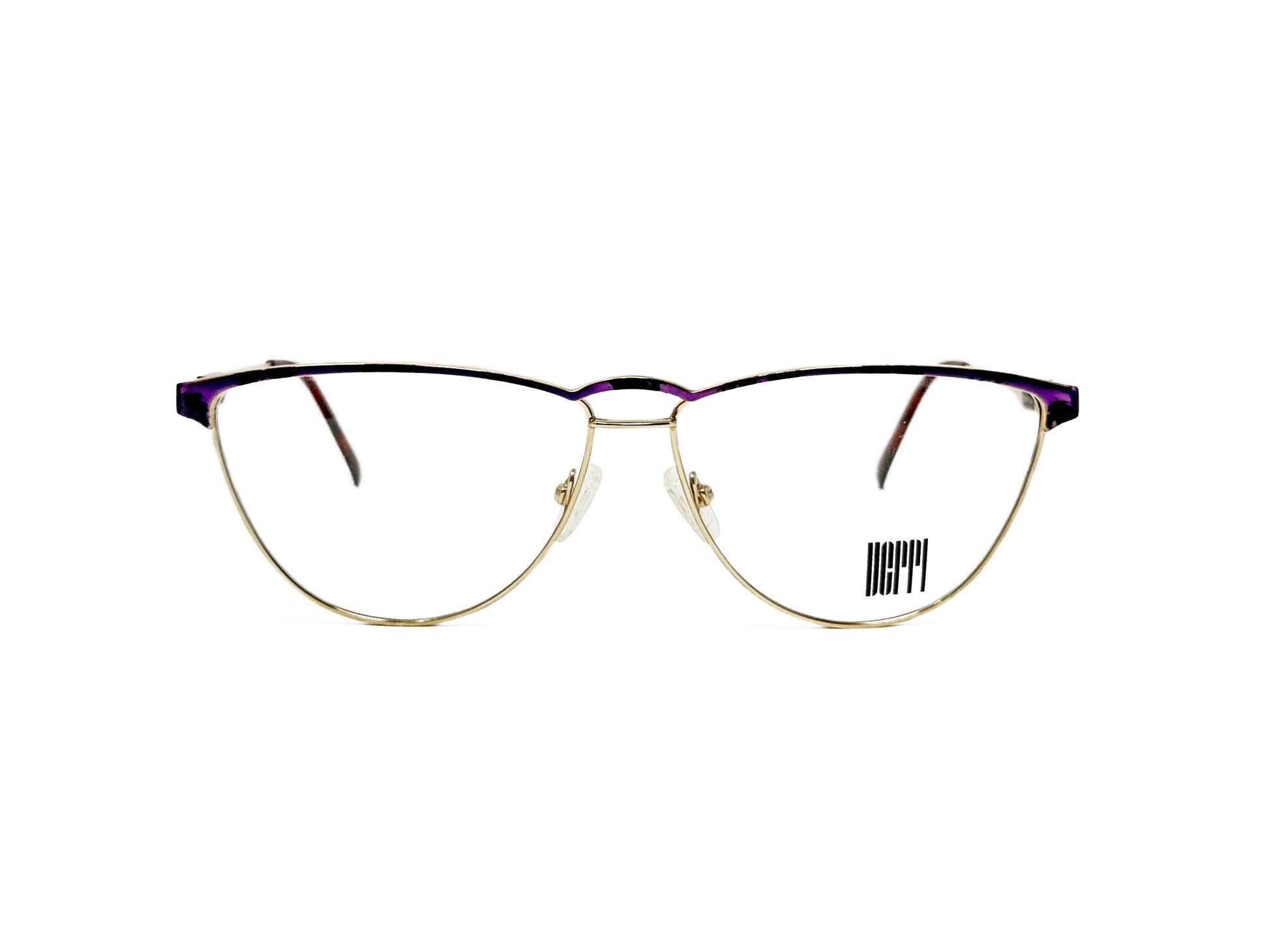 Derri rounded-triangular, metal, optical frame. Model: 9702. Color: G-W - Gold violet. Front view.