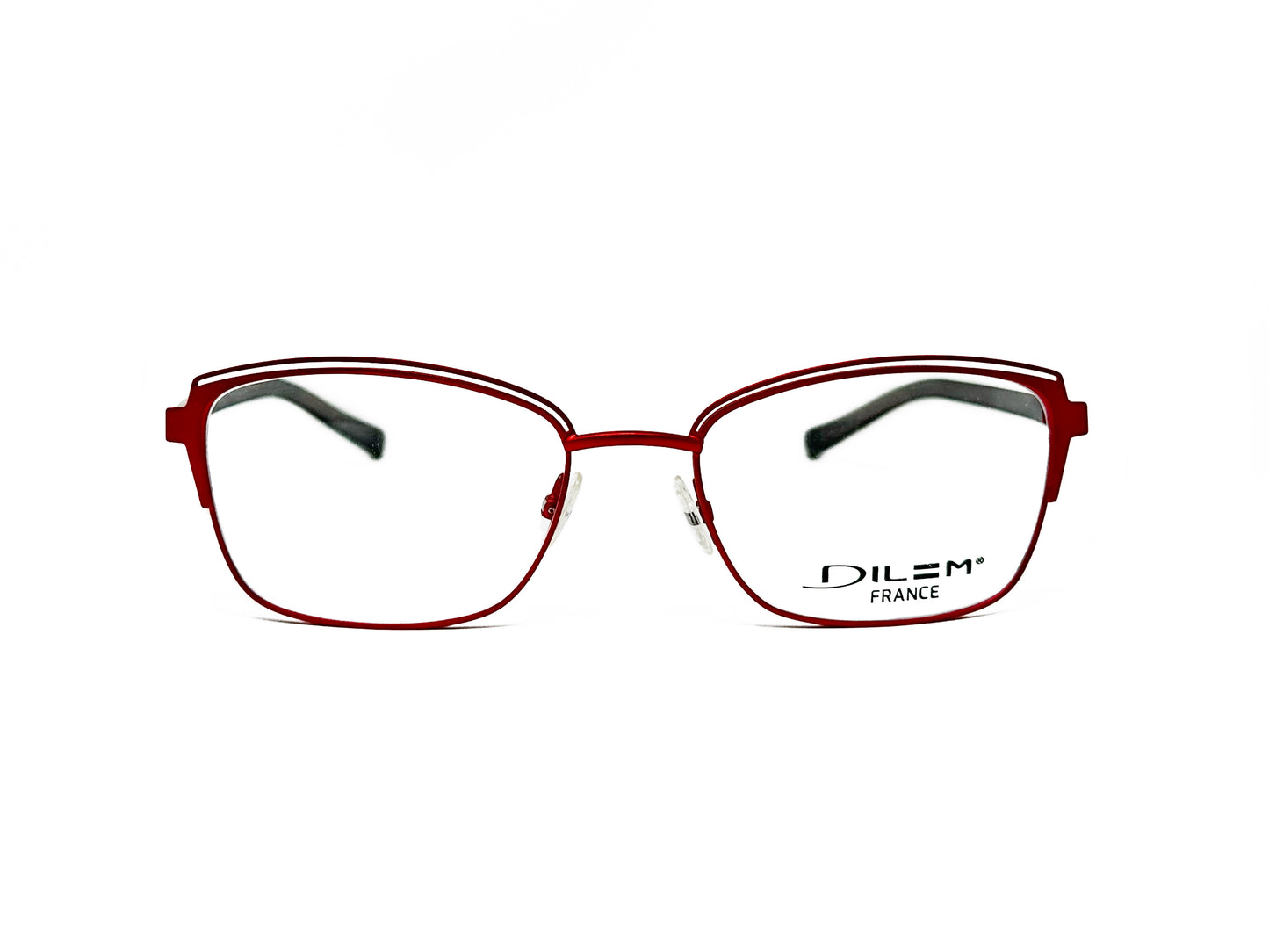 Dilem upward-angled, rectangular, metal, optical frame. Model: 01. Color: 21C20 - Red. Front view. 