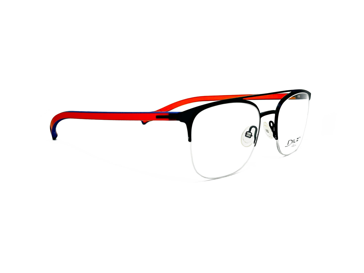Dilem half-rim optical frame with bar across top. Model: 2MD33. Color: Black with blue/orange temples. Side view.