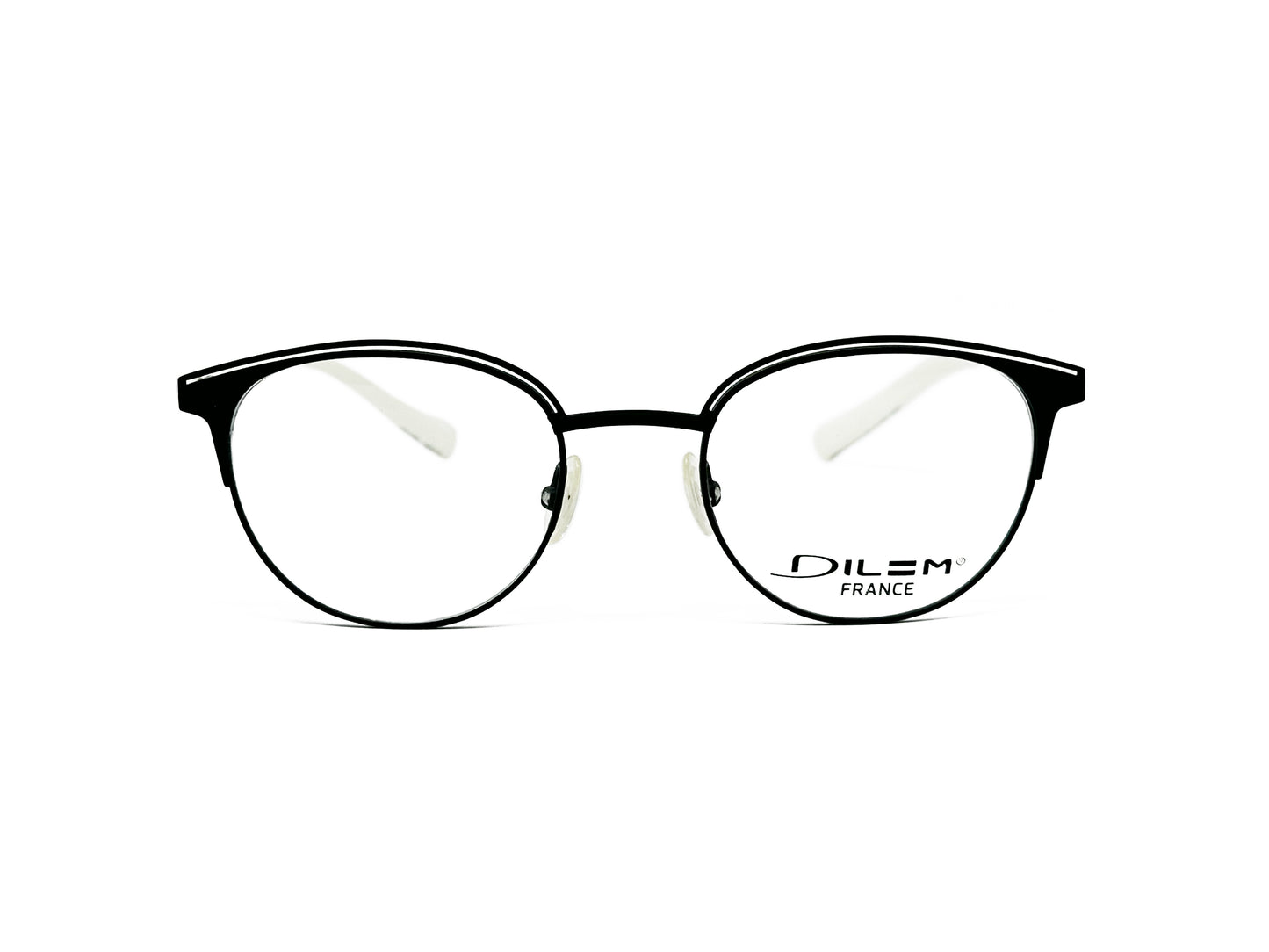 Dilem round optical frame with eing tips and slit cut-out at top of frame. Model: XF009. Color : TKB13 - Black with white temples. Front view. 