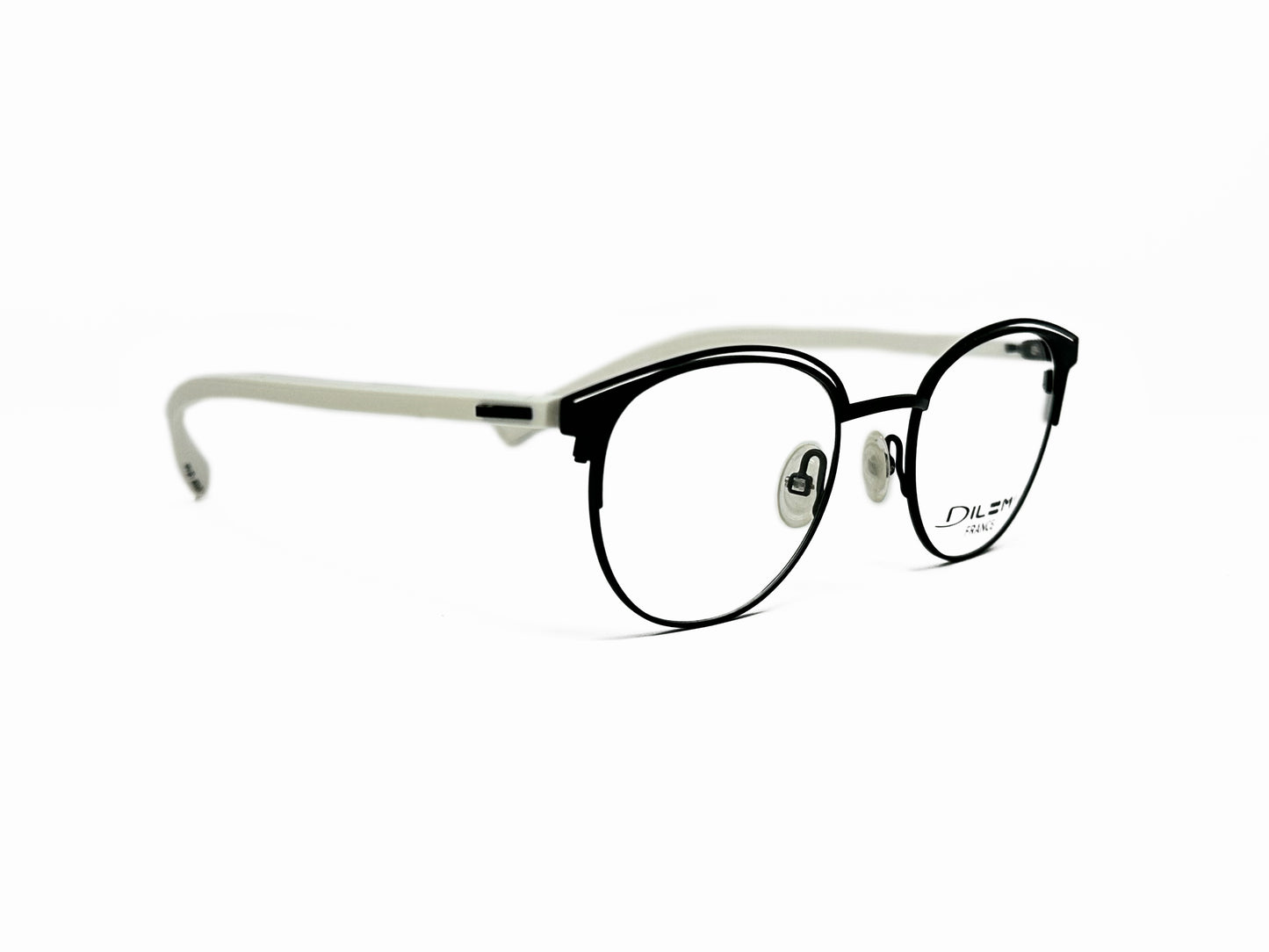 Dilem round optical frame with eing tips and slit cut-out at top of frame. Model: XF009. Color : TKB13 - Black with white temples. Side view.
