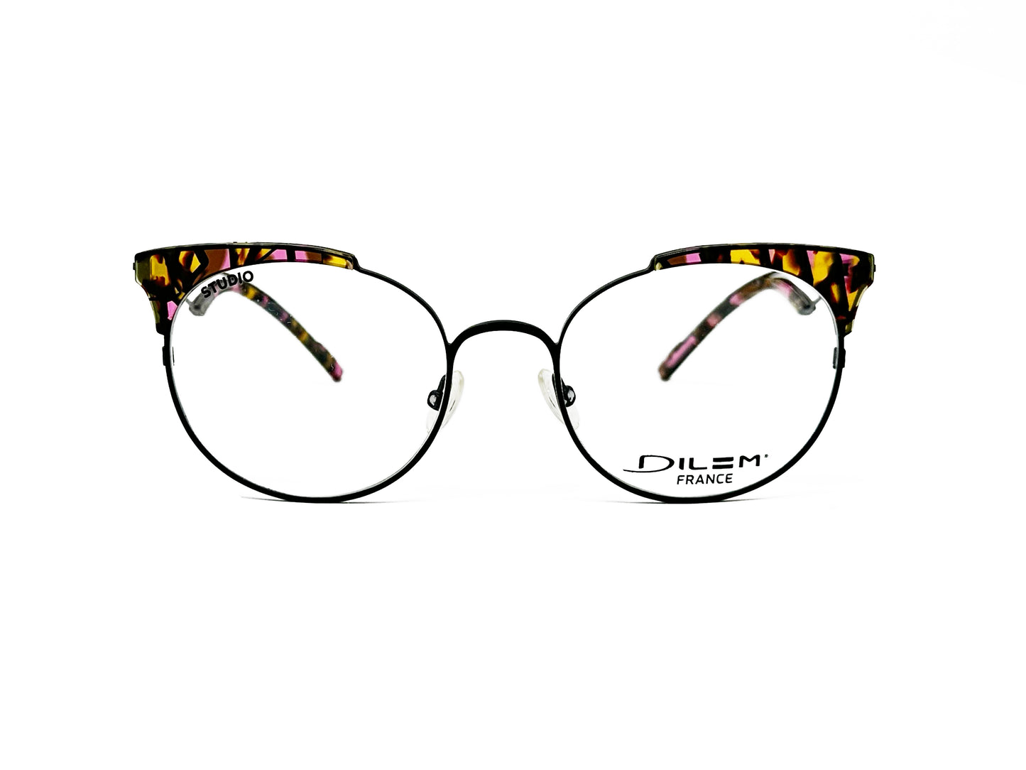 Dilem round , metal, with cat-eye acetate tips optical frame. Model: Z1b103D. Color: 3ASB01D - Yellow/Purple tortoise tips with black metal frame. Front view. 