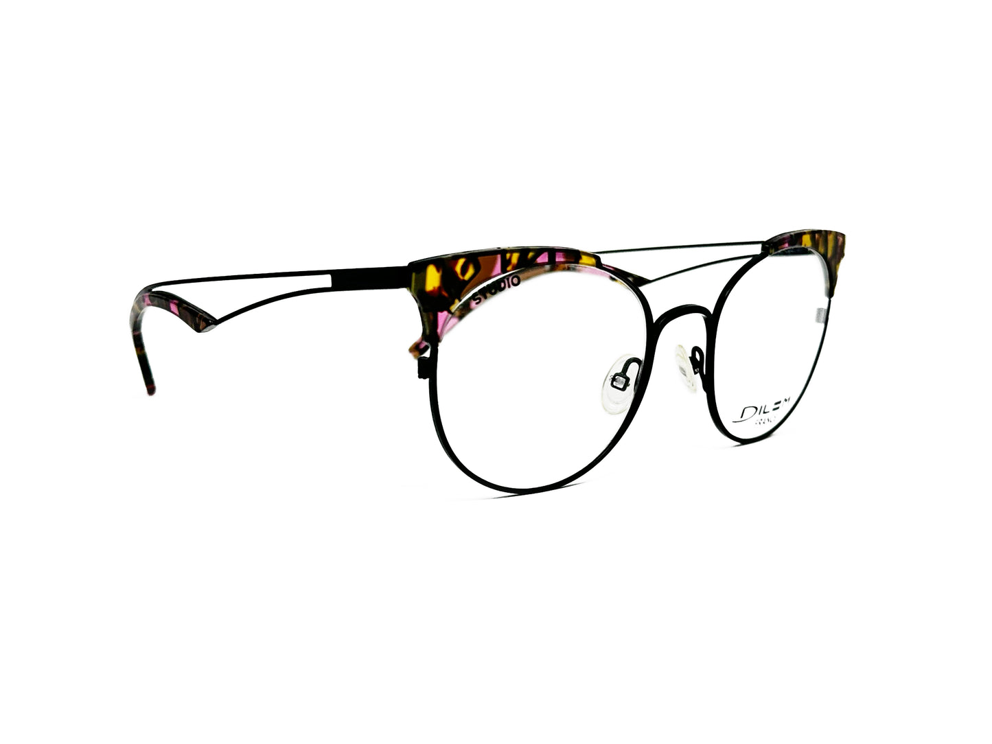 Dilem round , metal, with cat-eye acetate tips optical frame. Model: Z1b103D. Color: 3ASB01D - Yellow/Purple tortoise tips with black metal frame. Side view.