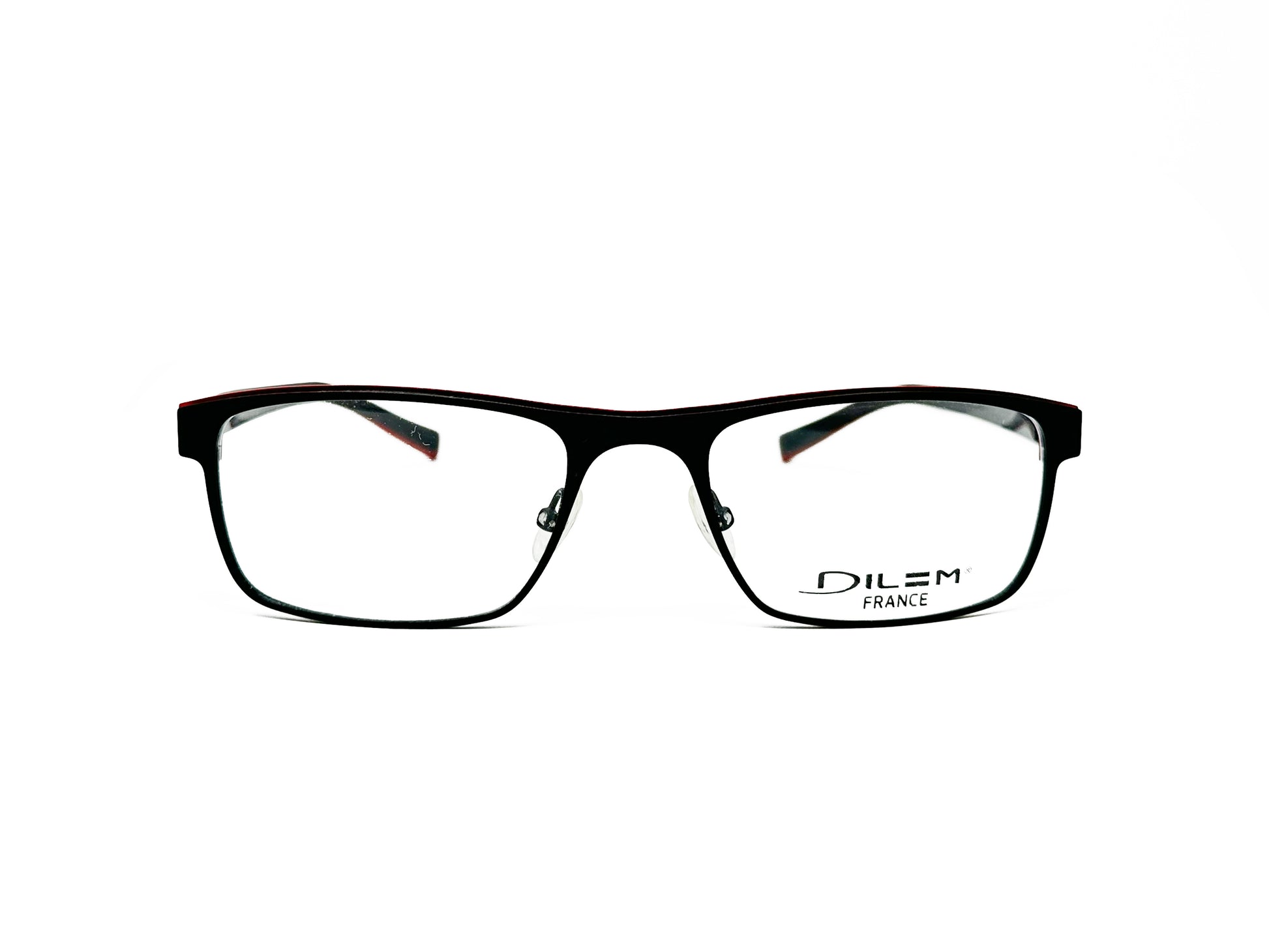 Dilem rectangular metal optical frame. Model: ZB195. Color: 2BB10 - Black with red accent. Front view. 
