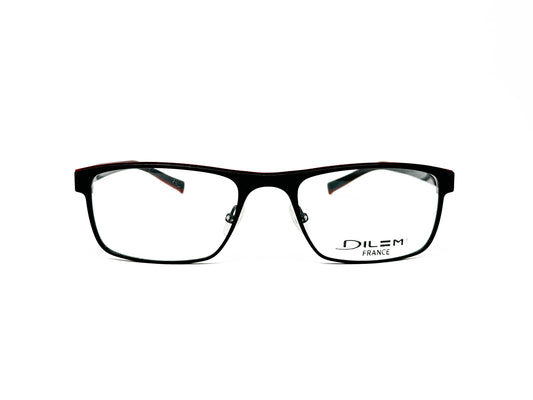 Dilem rectangular metal optical frame. Model: ZB195. Color: 2BB10 - Black with red accent. Front view. 