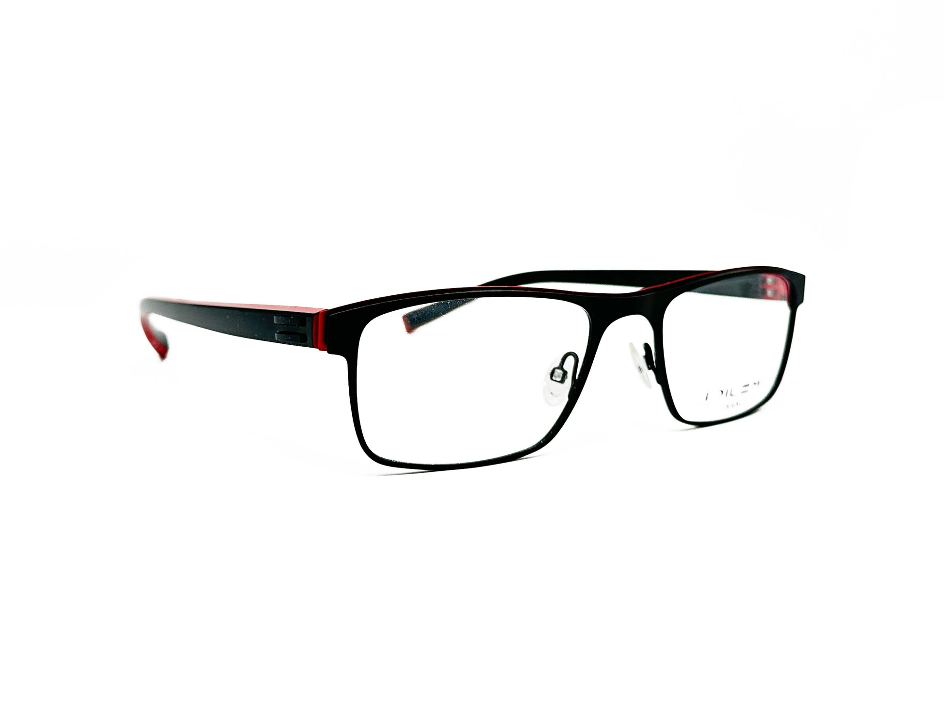Dilem rectangular metal optical frame. Model: ZB195. Color: 2BB10 - Black with red accent. Side view.