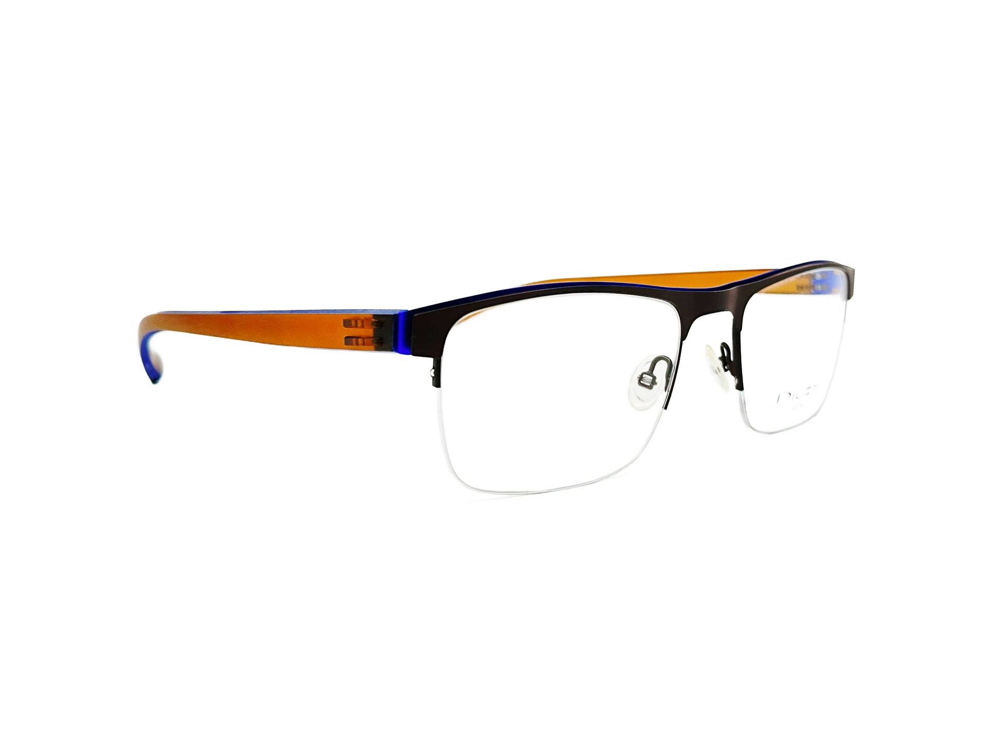 Dilem half-rim, rectangular, metal optical frame. Model: ZB533. Color: 2BD33 - Black with orange/blue temples. Side view.