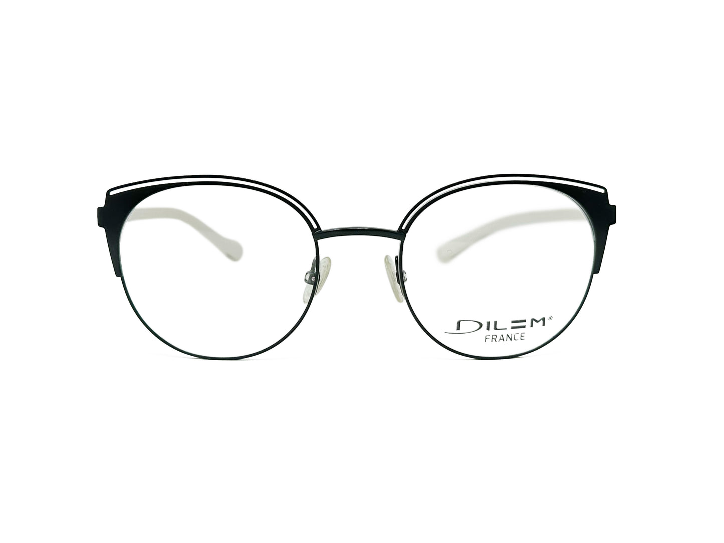 DIlem round, metal optical frame with slight cat-eye tips and cut-out at top of frame. Model: ZF009. Color: 2IA01 - Black with white temples. Front view. 