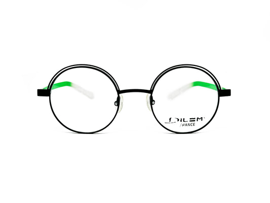 Dilem round metal optical frame with slit cut-out at top. Model: ZF340. Color: 21D34 - Black with green/white temples. Front view. 