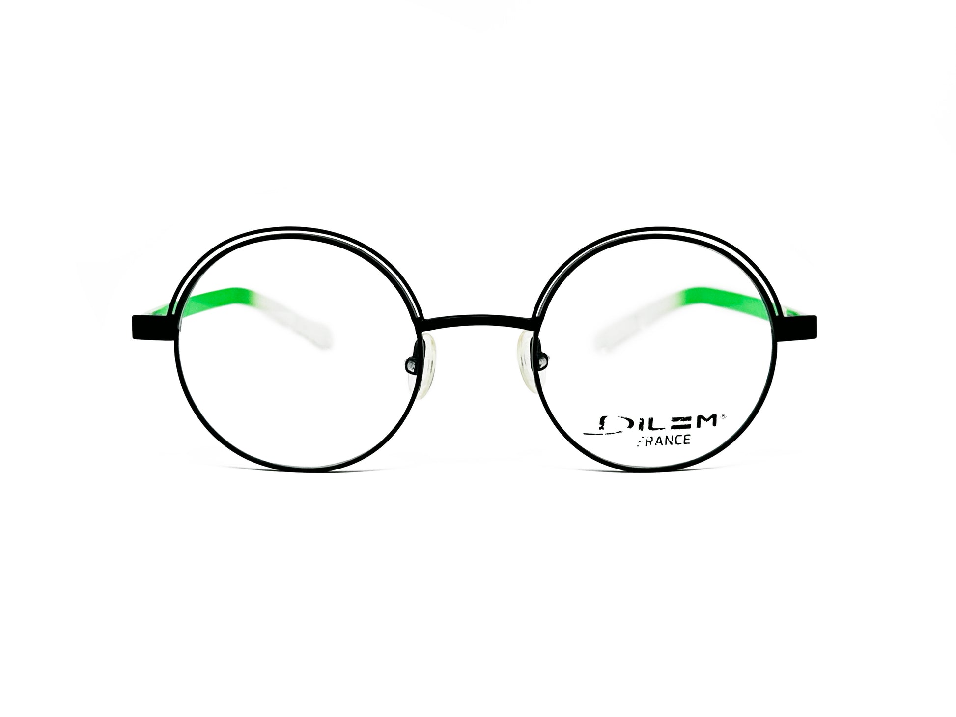 Dilem round metal optical frame with slit cut-out at top. Model: ZF340. Color: 21D34 - Black with green/white temples. Front view. 