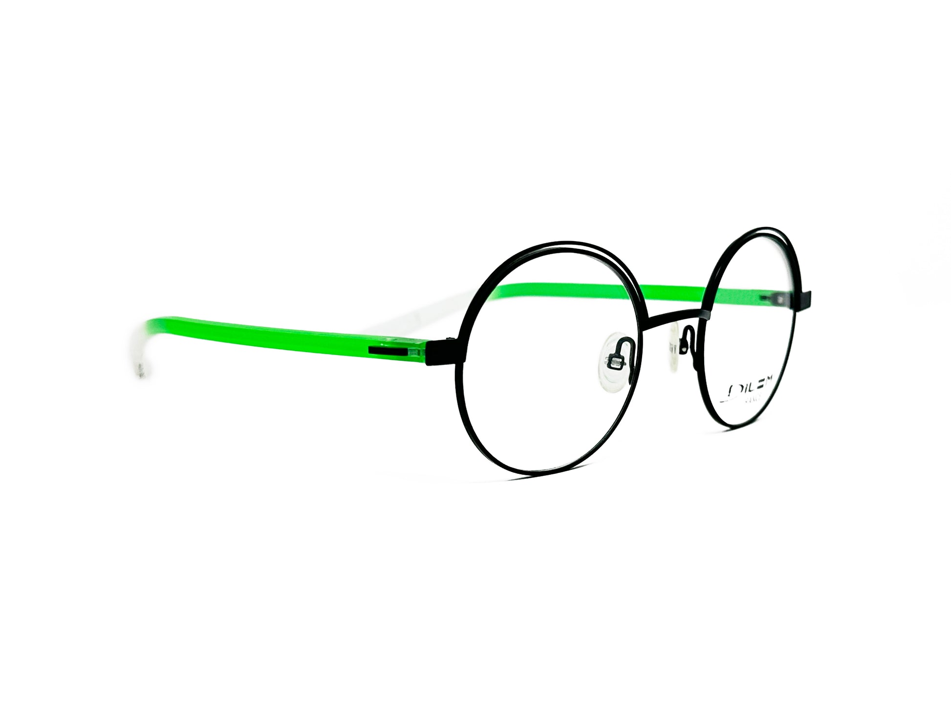Dilem round metal optical frame with slit cut-out at top. Model: ZF340. Color: 21D34 - Black with green/white temples. Side view.