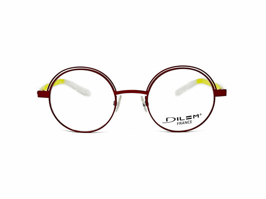 Dilem round, metal optical frame with metal slit at top of frame. Model: ZF340. Color: ZID31 - Red with yellow/white temples. Front view. 