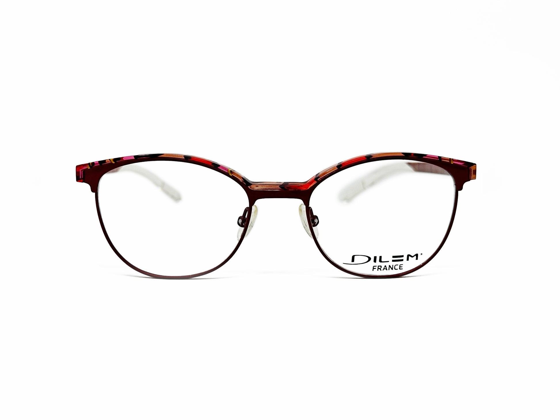 Dilem rounded, metal, optical frame with wing-tips. Model: ZF392. Color: 2NA03 - Multi-color red. Front view. 