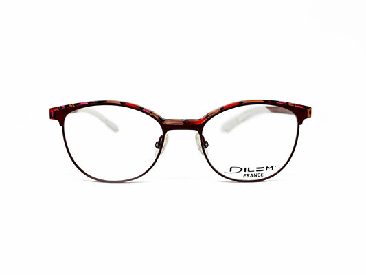 Dilem rounded, metal, optical frame with wing-tips. Model: ZF392. Color: 2NA03 - Multi-color red. Front view. 