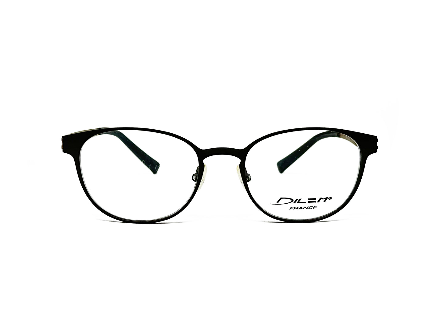 Dilem metal, rounded optical frame. Model: ZS122. Color: 1UE43 - Black with brown temples. Front view. 