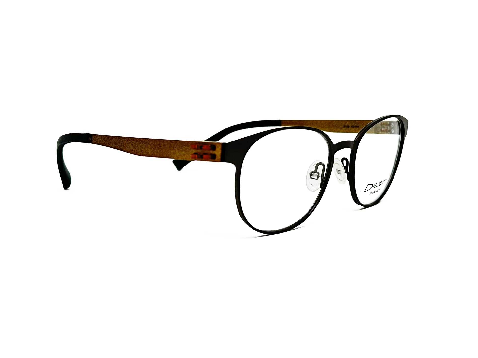 Dilem metal, rounded optical frame. Model: ZS122. Color: 1UE43 - Black with brown temples. Side view.